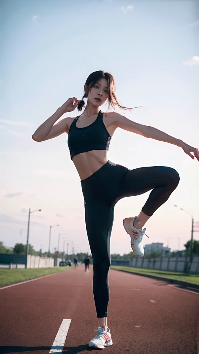 (8k, RAW photo, best quality, masterpiece:1.2), (realistic, photo-realistic:1.37),1girl, professional lighting, photon mapping, radiosity, Korean Doll, leggings, gym, dynamic pose