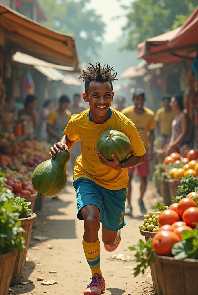 happy Brazilian child, on top of a podium, with medal, supermarket background, HDR --auto