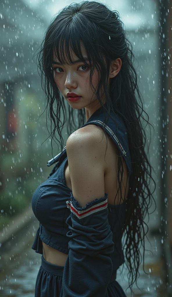 Best picture quality, masterpiece, ultra high resolution, (fidelity :1.4), photo, 1 girl,[(sadness)],swimsuit, Dim, dark, desperate, pitying, pitiful, cinematic,tear,teardrop,(Torn clothes:2.0), (Wet clothes:1.4), bare shoulders,Real rain,wet hair,..