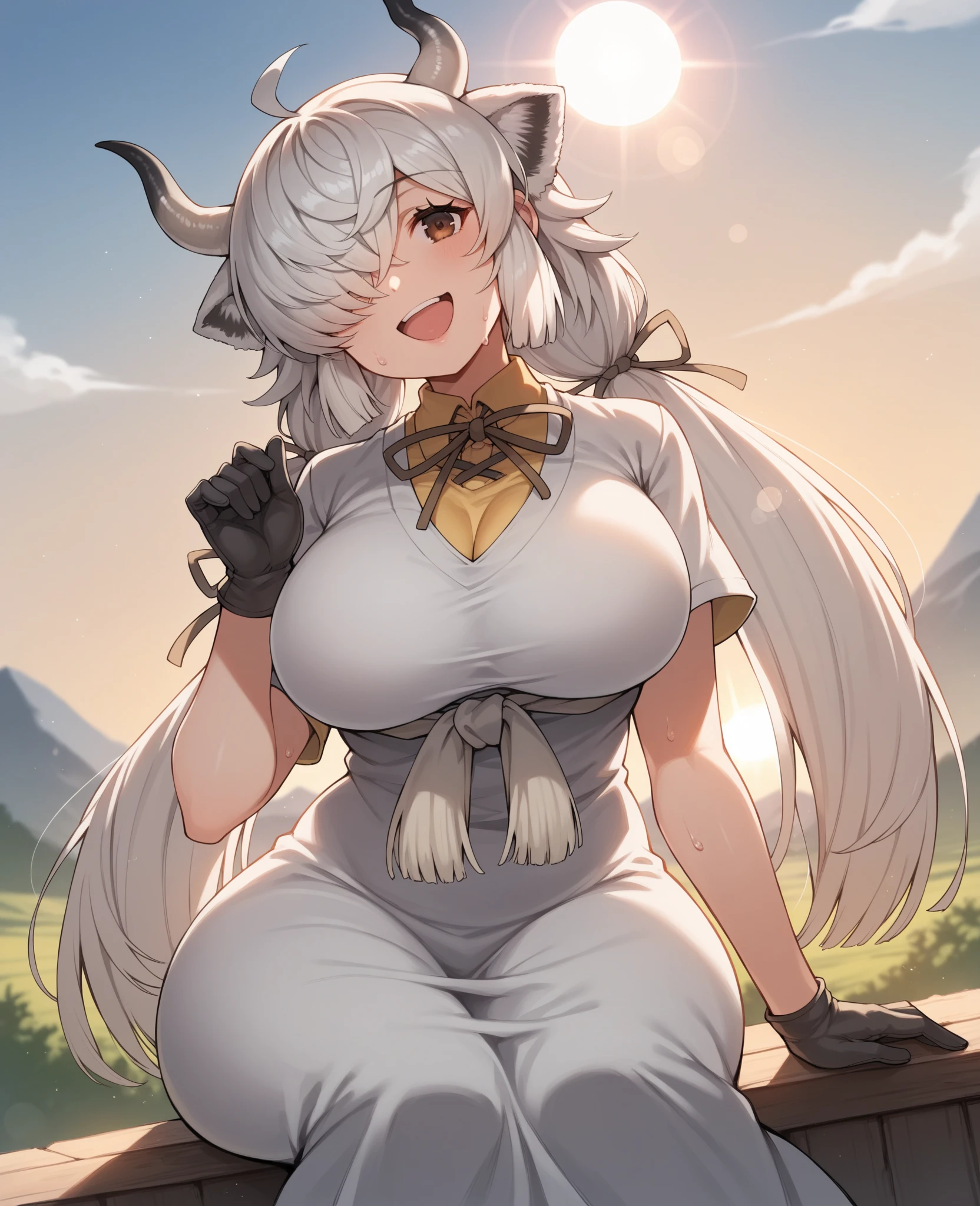 big woman, goat features, big breasts, buff