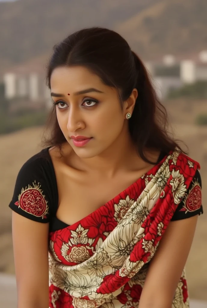 shraddha kapoor in sexy red saree and bikini blouse showing cleavage,(milf),((marathi woman)),((35 year old)),night time, no light,without flash ,photo,(upper body photo), ((showing cleavage and navel in bikini blouse and saree)),milf,mouth open, no make up, raw photo(, Sexy BODY SHOT,(((Closeup body bustshot))), sexy,(((ultrarealistic skin))),Realistic still of a nude woman,highly detailed face and body,(( seducing)),((shraddha kapoor),((free long shaggy messy hair being hold by viewer)) after waking up from bed, beautiful eyes ,emotional, harmonious, vignette, 4k epic detailed, shot on samsung galaxy s23 gear, 35mm photo, sharp focus, high budget, epic, gorgeous, film grain, no makeup,free shaggy hair,grainy, (Raw photo:1.1), ((Full body Portrait)), , (intricate details, masterpiece, best quality:1.4) , looking at viewer, outdoors, day, highly detailed face, ((shraddha kapoor)), beautiful eyes, cute, enchanted, magic, stunning, intricate, elegant, highly determined, colorful