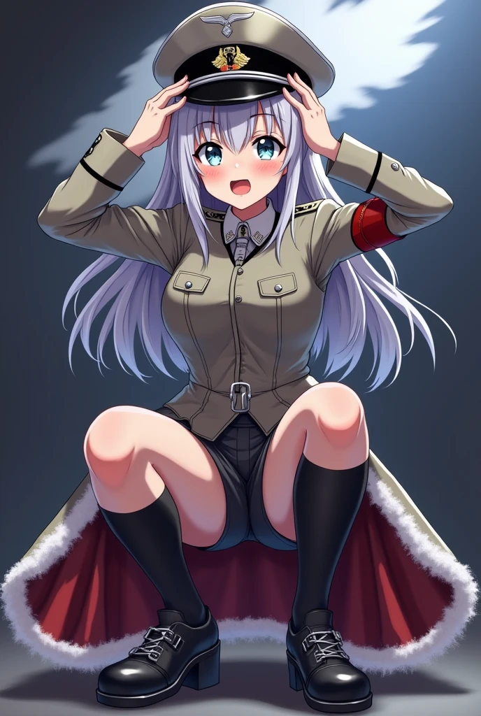 a young wolf girl with beautiful long hair, wolf ears, wolf tail, wearing an open jacket, and short shorts opened, with no panties, pussy, frozen landscape, snowing, facing the lence, high quality, high res