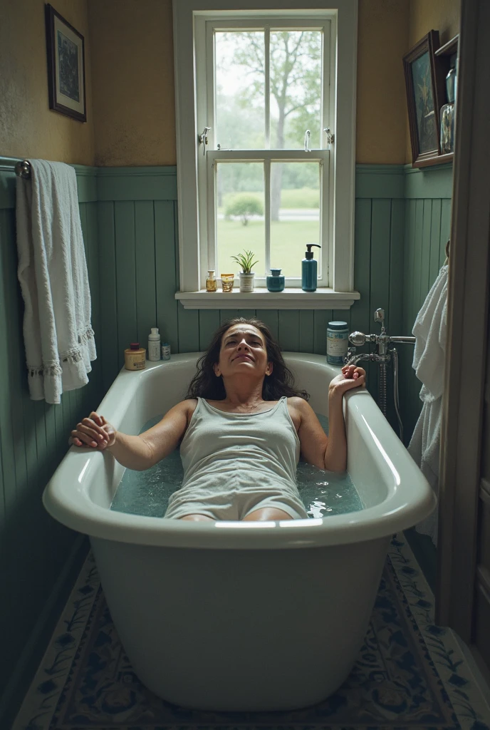 Medium Shot, cyanotype, (Karla Jaeger with a contemplative expression, ethereal glow), soft twilight, (sitting by a clawfoot bathtub, water ripples), (50mm lens, Nikon D850, dreamy details, professional, fine art photography, trending on Flickr), by Sally Mann and Francesca Woodman and Nan Goldin