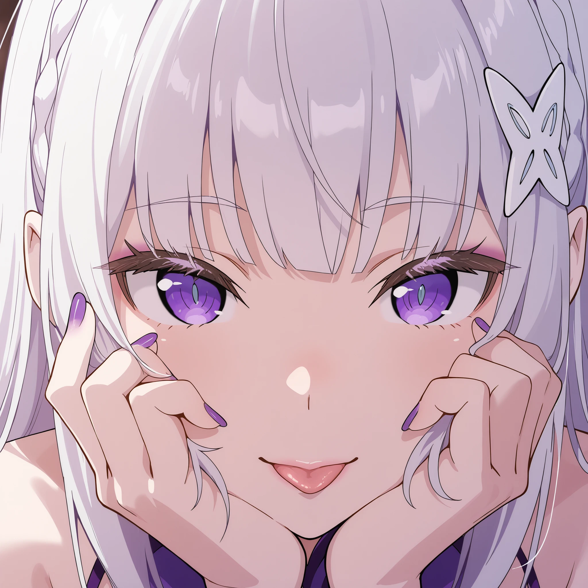 Close-up of Emilia's sexy face while her head is resting on her hand, Hand on cheek , labbra sexy, sexy look, high resolution character, eyes, slightly tilted head, seductive shoulders, slightly lateral view, Tongue on the lips, nails with purple nail polish, a white clip on the hair