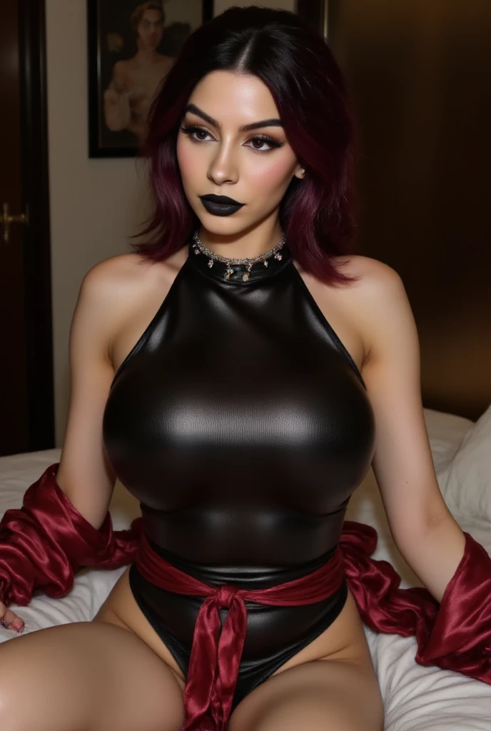 one girl, pretty, 23 years old, at a party, tight clothes, (red dress:1.3), black eyes, black hair, long hair, loose curls, (eyeliner:1.4), (black lipstick), natural beauty, slim, slim waist, wide hips, looking straight into camera, choker, symmetrical position, (gigantic boobs:1.3), teeth visible, (black lips), (from head to toe), (full body shot), (tattoos), (sfw), (trident:1.3), smiling, red devil horns, (sideboob)