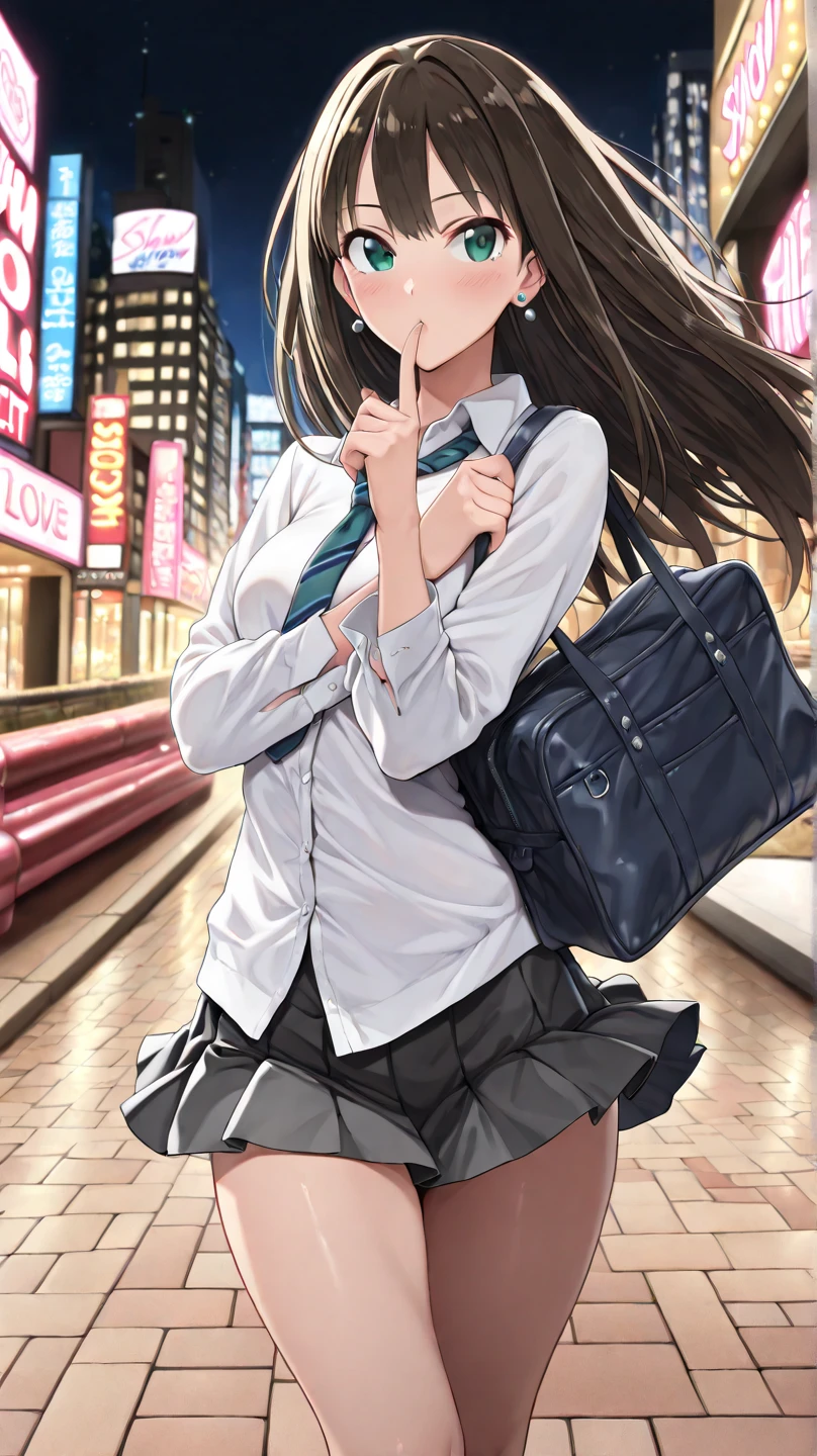woman,14 years old,,city,night,(((White and blue miniskirt))),,open mouth smile((lift the skirt))(See-through),(()),((Satin Nariko)),blush、surprised face,((())),((look back))(wet with sweat)