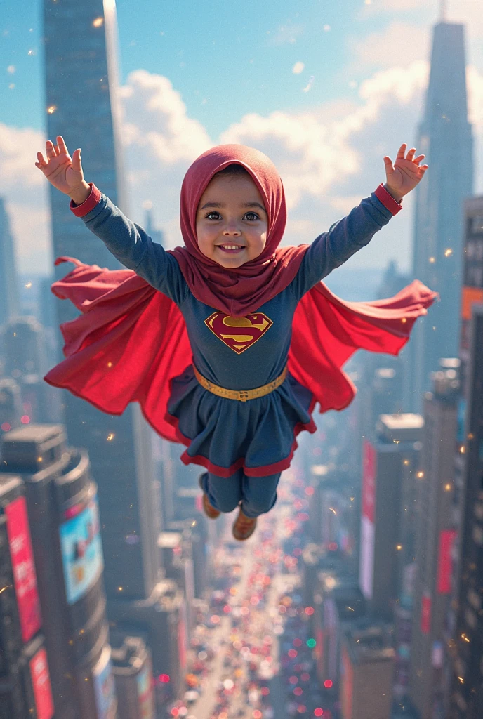 Realistic picture of a baby girl wearing hijab, wearing superman costume, flying in the sky