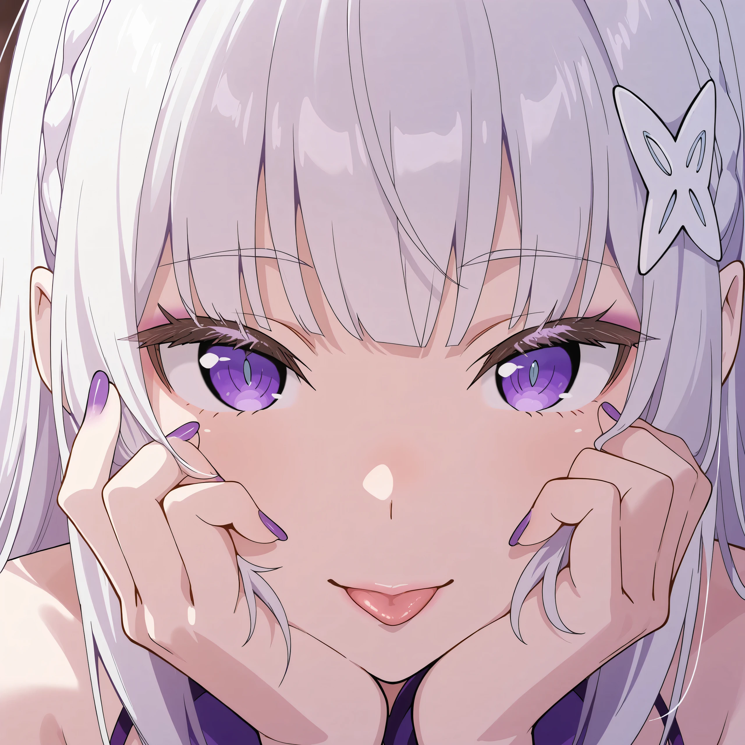 Close-up of Emilia's sexy face while her head is resting on her hand, Hand on cheek , labbra sexy, sexy look, high resolution character, eyes, slightly tilted head, seductive shoulders, slightly lateral view, Tongue on the lips, nails with purple nail polish, a white clip on the hair