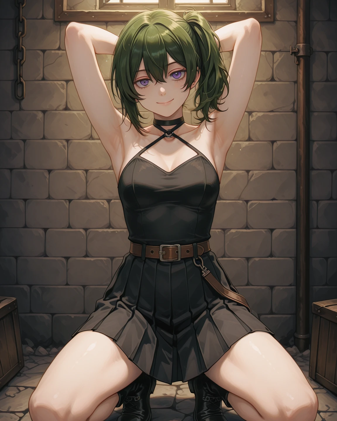 (highest quality, masterpiece),sexy, erotic, 1 girl, 18-year-old、long green hair, sleepy eyes, looking at the viewer, medieval tabernacle, (close), ((dark room)), Sweat, the candle is lit, ((cleavage)), Mr.々Inside a torture chamber with various tools、
BDSM、(((black latex corset dress:1.4)))、(((The corset is decorated with beautiful embroidery.)))、(((corset dress with shoulder straps)))、(((black latex tight miniskirt:1.4)))、first round、(((Black Thigh Boots)))、high heel boots、(((black latex bra)))、(((black latex panties)))、first round、Black Thigh Boots、high heel boots、1 girl、evil smile、Nice laugh