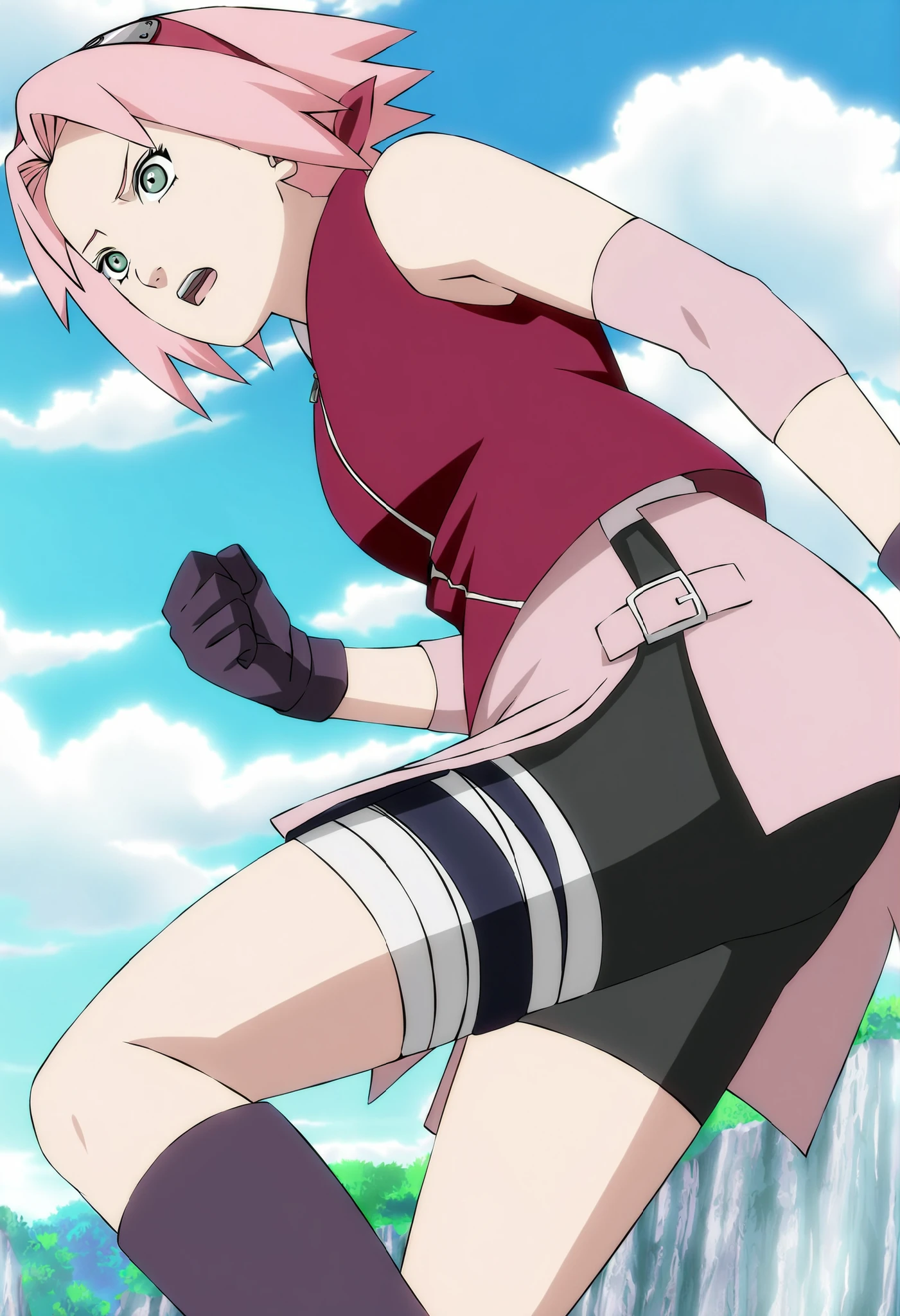 Official anime artwork,anime screencap,anime coloring,masterpiece,best quality,1girl, solo, sakura haruno,pink hair, green eyes, short hair, shinobi outfit, gloves, shorts, grey boots, boots, heels, heeled boots, bike shorts, toeless footwear, white background