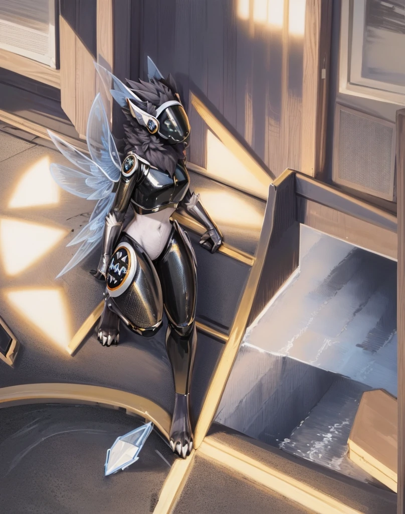(masterpiece:1.2, best quality:1.2, 2D:1.2, sharp:1.2), (hotify), tail, white elements on fur, perfect anatomy, perfect eyes, perfect background, cyberpunk 2077, (night_environment), apartment, (solo, full body shot), furry, protogen. protogen visor, protogen face, nsfw, bulge in pants, penis bulge, erection under clothes, multiple ears, grey fur, dark black skin, big breasts, fit, thin waist, visible abs, sports bra, open yellow jacket, black tight pants, skindentation