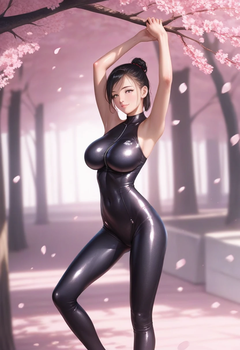 KodachiKunou, solamente, de pie, big size ass_senos, obra maestra, mejor calidad, Cara detallada, ojos detallados, Altas Resoluciones,mujer hermosa,ojos detallados, ojos hiperrealistas, traje,Una sola pieza,bodysuit,Rhythmic gymnastics costume, Perfect anatomy,NSFW, manos con 5 dedos, Manos hiperrealistas, Pose de salto, cinta, throwing Rhythmic Gymnastics Tape to the viewer