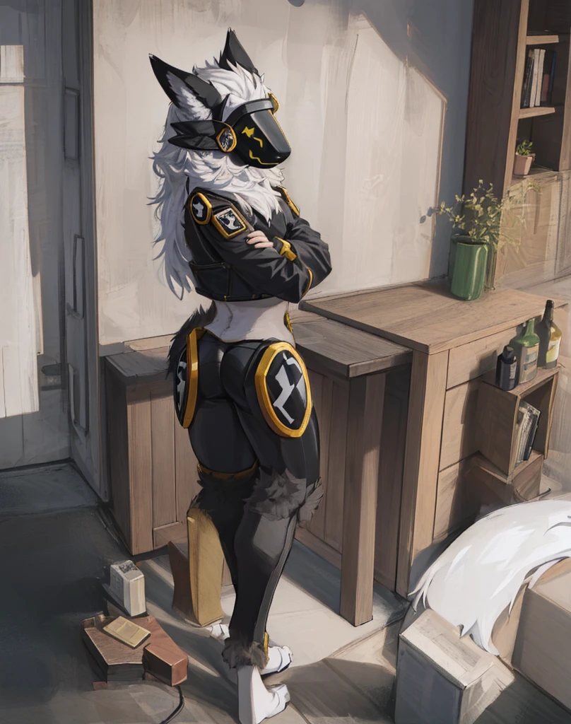 (highly detailed), ((Best Quality)), uploaded to e621, uploaded to furaffinity, by goonie-san, by bigcozyorca, by bebebebebe, by buta99, by Ross Tran, by ruan jia, by foxovh, by Coffeesoda, by Hioshiru, by fluff-kevlar, by superix, by asaneman, by bebebebebe, by kalnareff, by james howard, by kingcreep105, by rifykoh, by desbjust, by agurana, female, solo, protogen, protogen face, protogen visor, sfw art, (multicolor fur, black fur, white underbelly, red fur markings:1.2), (prominent hourglass figure), extremely fluffy body, (big breasts:1.9), (wide hips:1.9), (thick thighs:1.9), ((coffee shop background, behind counter, detailed background:1.6), clothed, ((coffee shop uniform:1.5), (annoyed expression:1.6), (arms crossed:1.5),