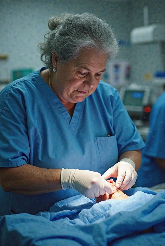 blood-stained surgical gown with visible splatters and smears of blood.
Surgical gloves, also covered in blood, with some tears and wear.
A surgical mask that has dark, ominous stains and possibly a sinister smile peeking from behind it. Holding a bloody scalpel or surgical saw in one hand, with blood dripping from the blade.
Other surgical tools like forceps or scissors can be tucked into the pockets of the gown, also stained with blood.
A headlamp or surgical cap with blood splatters for additional detail.