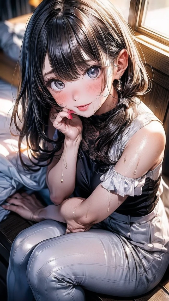 One lady,25-years old,(() ,((())), (()), (())((I'm opening my mouth)),((micro skirt, body suit))(A smile),,(A dark-haired,),((Fantasy,Moon Night))((Clothes are torn))Wet with sweat