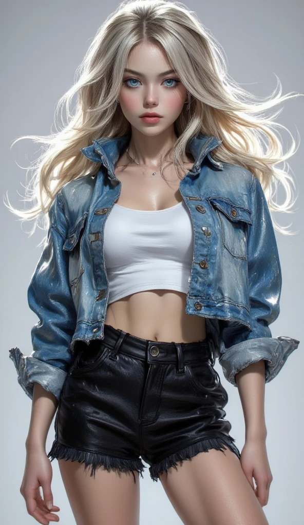 mannequin fashion sketch full body full body runway model wearing ripped jeans baggy jeans jeans cargo destroyed blue jeans look with jeans and gold bikini in a minimalist white setting