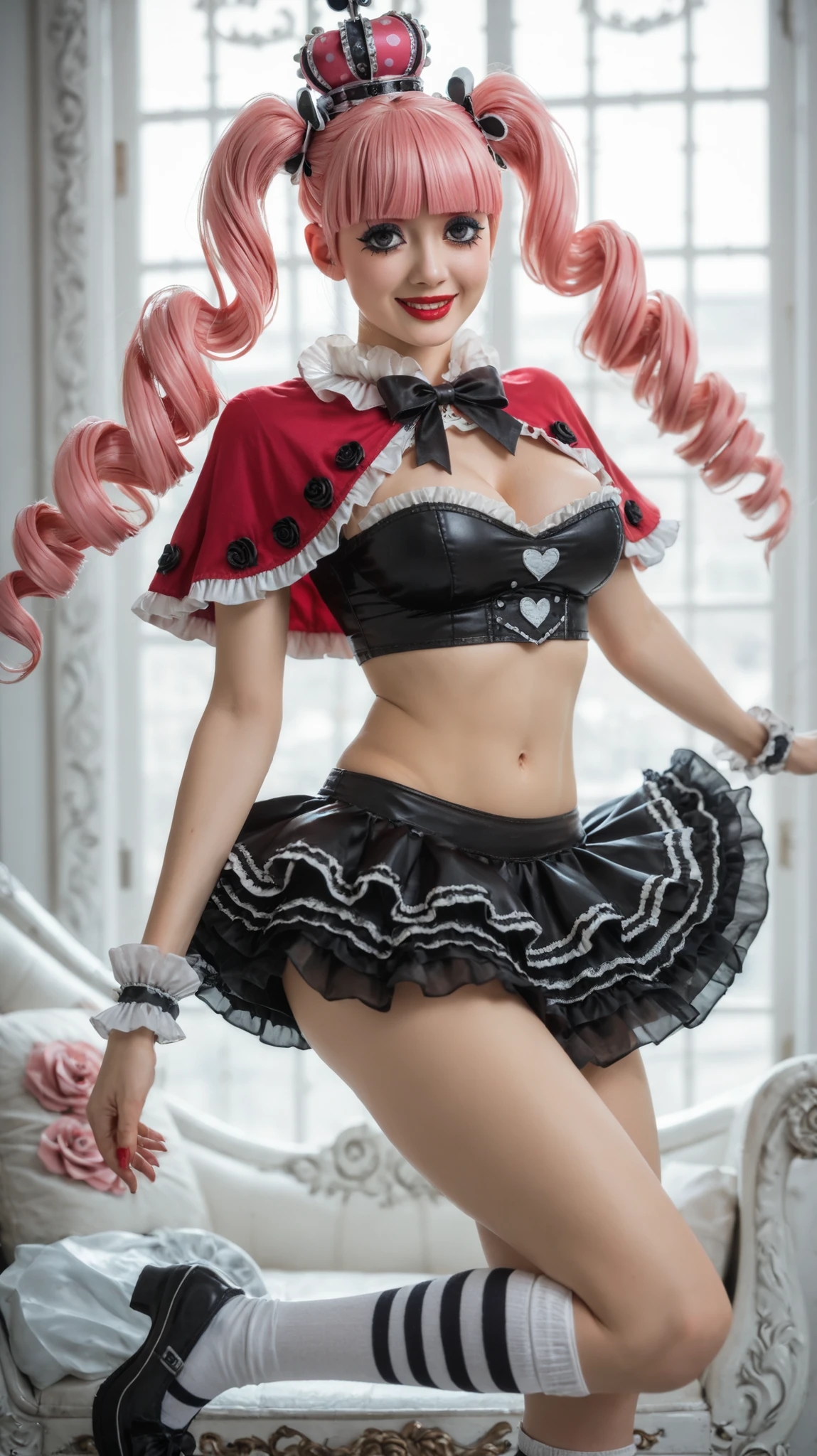 11girl, solo, cheems_perona_v3, lady_perona, peronachan, skinny_build, goth_girl, crown, smile, dynamic_pose.
floating_hair, twintails, very_long_pink_drill_hair / twin_drills_hairstyle, blunt_bangs.
beautiful_circle-shaped_black_eyes, long_eyelashes, makeup, lipstick.
cleavage, large_breasts, (red_capelet), crop-top, navel, skirt, striped_knee_socks.
BREAK
BREAK
asian, cute, beautiful (26 years old), low eyeliner, eyeliner black,