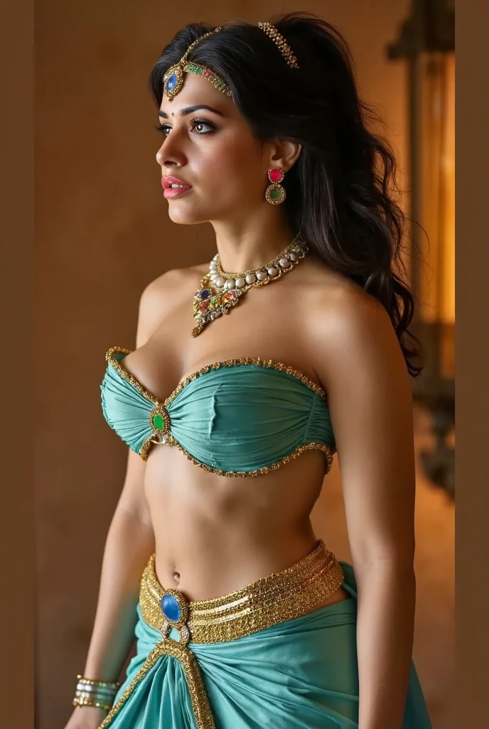 day scene, extreme close up photo of naked latina, hourglass figure, swooping breasts, showing deep cleavage, open arms, seducing near waterfalls, ponytail, necklace, blue satin silk half saree, look at viewer, (cinematic:1.3), intricate details, (ArtStation:1.2)