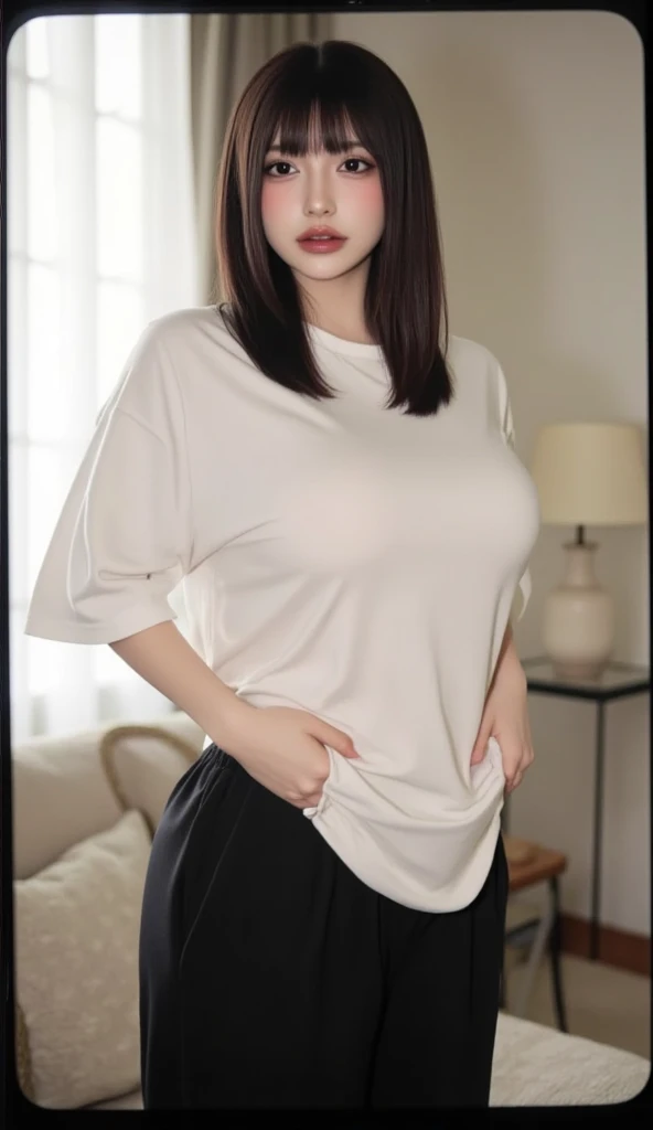 Selfie photos,Mobile phone mirror selfie,indoor,Inside the room,A beautiful beautiful Asian woman,Realistic fair skin color,156 cm,46KG,34C cupz Her long hair is loose and lazy,Wearing a close-fitting white low-cut short-sleeved top,black shorts:1.2,