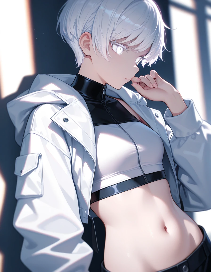Woman, white hair, short hair, small breasts, tight pants, wearing sunglasses.
