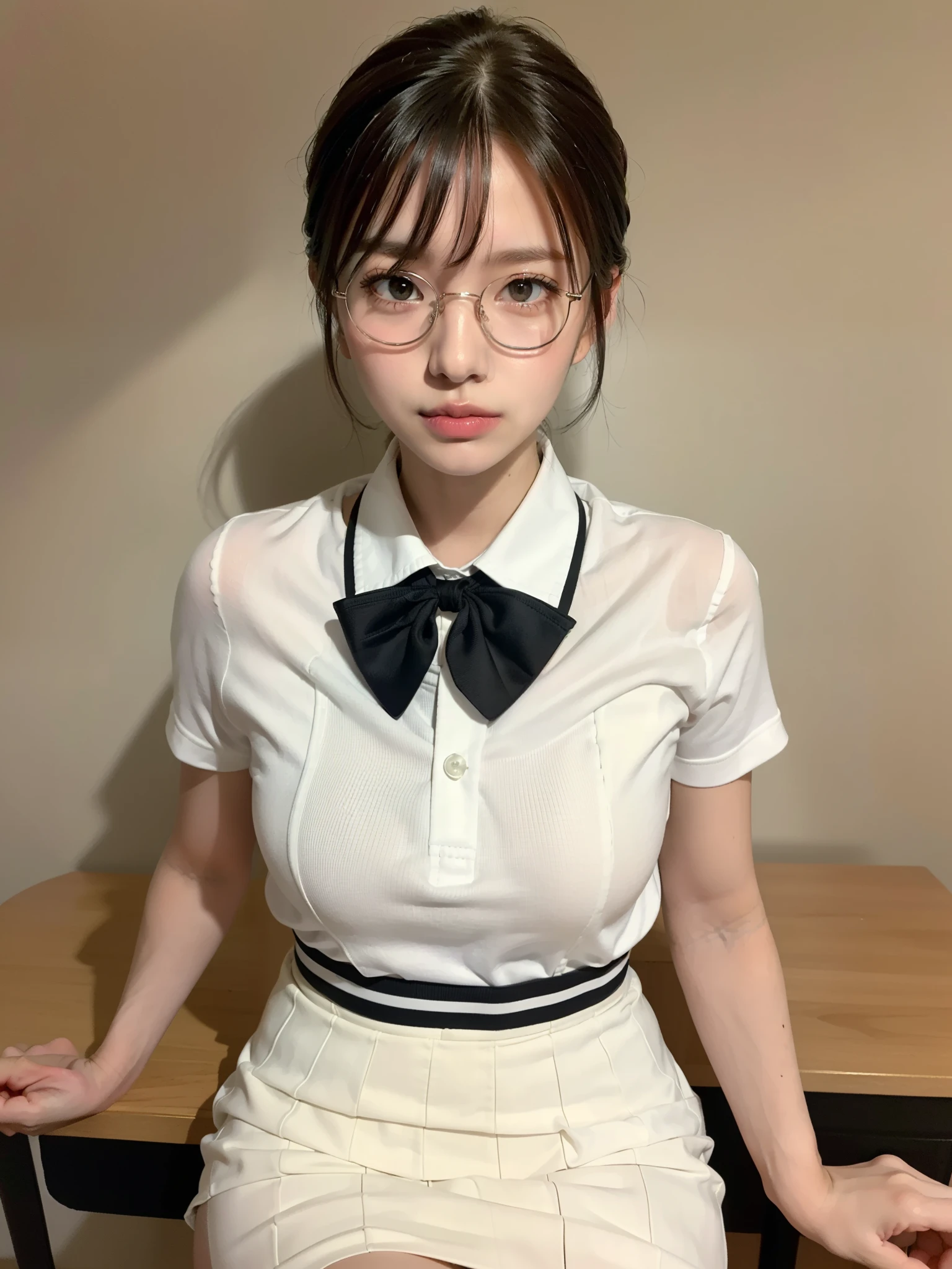 (Highest quality、Tabletop、8K、Award-winning works、Ultra-high resolution、Best image quality)、One beautiful woman、(White polyester sleeveless、Blouse with buttoned collar:1.3)、(Elegant black tight skirt:1.1)、(Huge breasts:1.2)、(Elegant round glasses:1.2)、、(優雅にstand:1.1)、(Strongly blurred background:1.1)、stand、(:1.1)、、、lipstick、Long eyelashes、Heavy makeup、Perfect Makeup、Colored contact lenses、Accentuate your body lines、Big ample breasts、soft and warm lighting、、(Ultra-high resolutionの正確な美しい髪:1.1)、(Accurate anatomy:1.2)、Ultra-high definition beautiful eyes、(Super bright and radiant skin:1.1)、Staring at me with a blank look，topless,Beautiful nipples