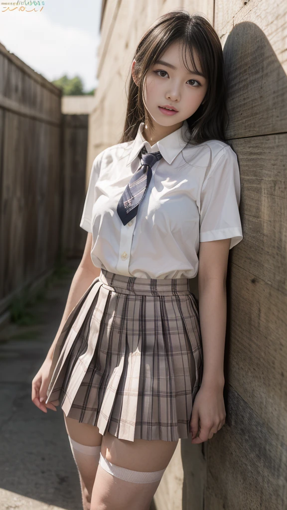 masterpiece, Highest quality, 8K, Young beautiful girl, Baby Face、Clothed Big Tits、((((((10 years old)))))),((Large Breasts:1.3)), photo shoot, Cute face,  Embarrassing、smile、 makeup, Ten generations, Detailed face, Long Hair、Black Hair、Narrow waist,((school uniform、White shirt、Checkered mini skirt))、Black knee-high socks,