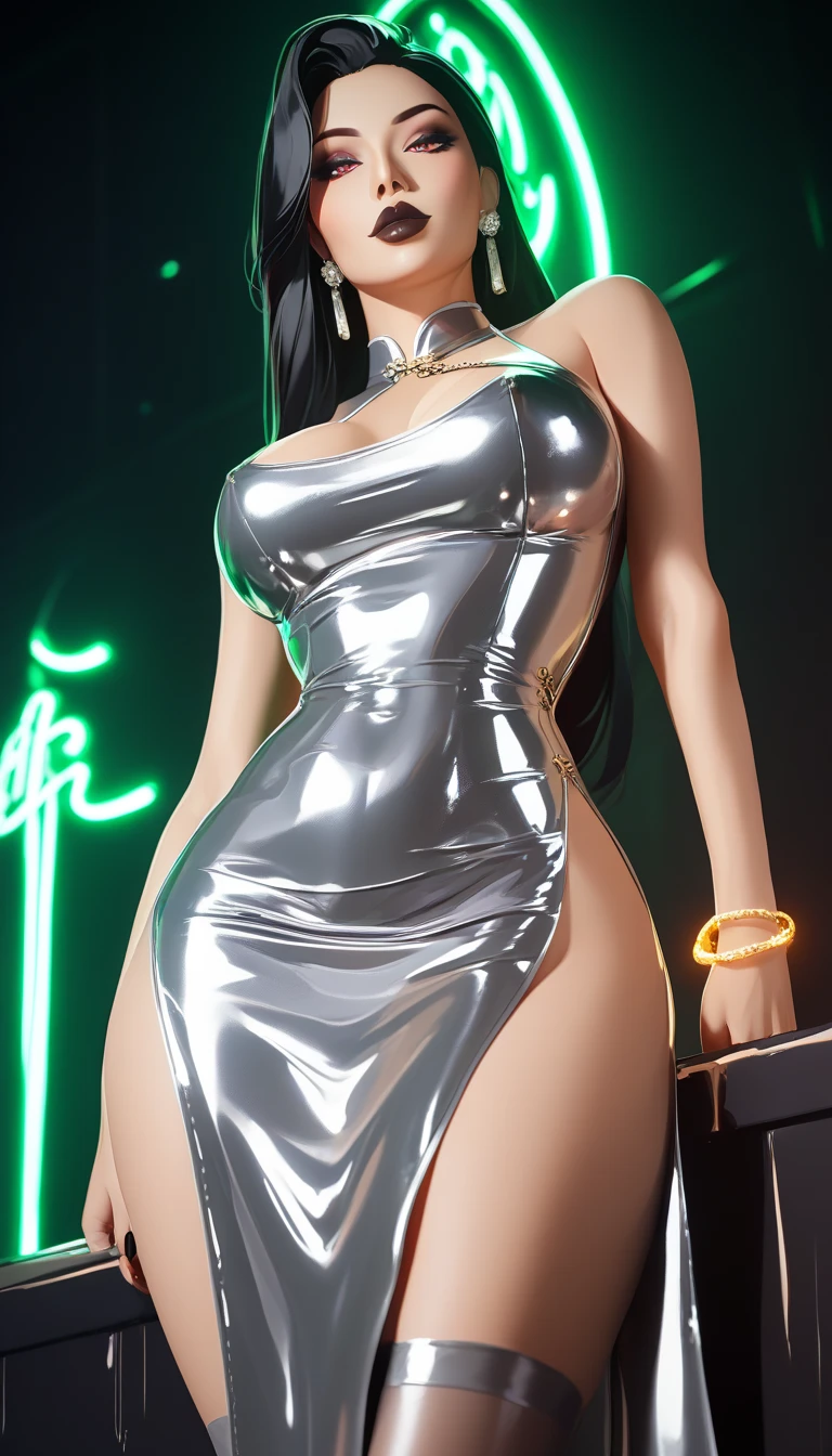 photorealistic, high resolution, soft light, 1women, solo, hips up, dynamic pose, shining skin, jewelry, tattoo, NVDI,1girl,thigh,black hair,long hair,ear pendants,pearls and jewels, school uniform, hugeboobs, blue eyes,