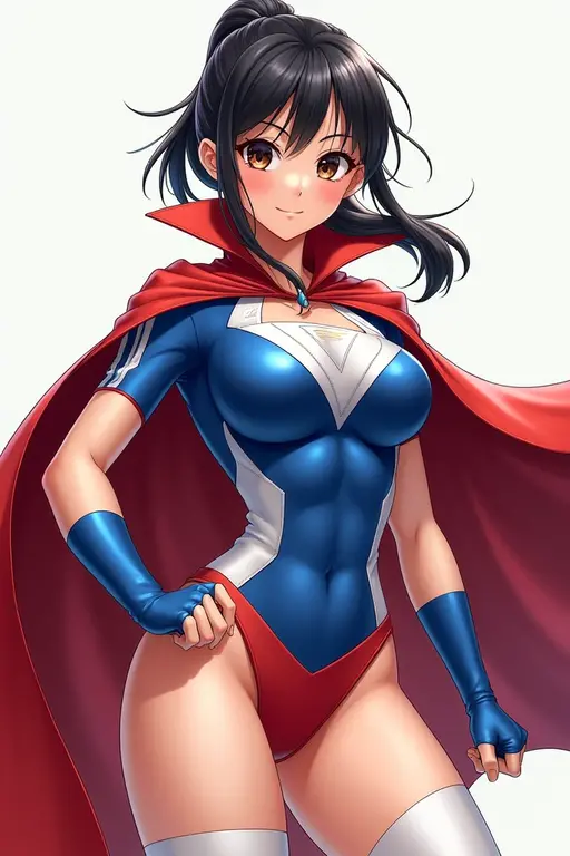 Girl, Japanese, realistic, superheroine, round face, pretty, wide eyes, dark hair, ponytail, athletic build, sexy, costume: spandex, red cape, one-pieced, tight, sleeveless, blue top with white sides, up side down white triangle symbol, exposed belly, red underwear, white thigh-high socks, red boots, short blue fingerless, white shooter sleeves.