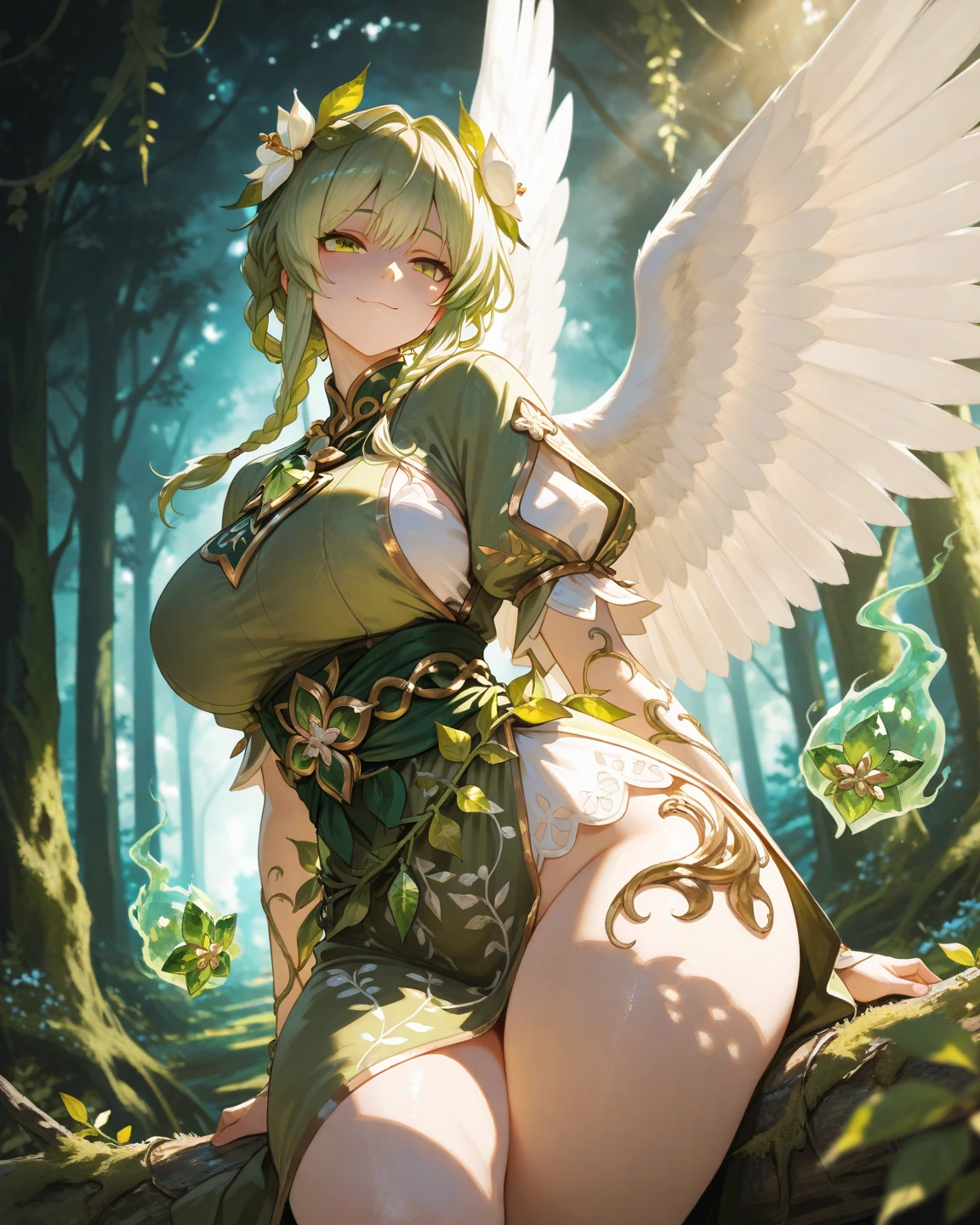 1 Mother Angel 29 years old white long frensh braided hairs,breast,large hips,background with doves with an olive branch in its beak,natural environment, idyllic setting,8k, 4k, masterpiece