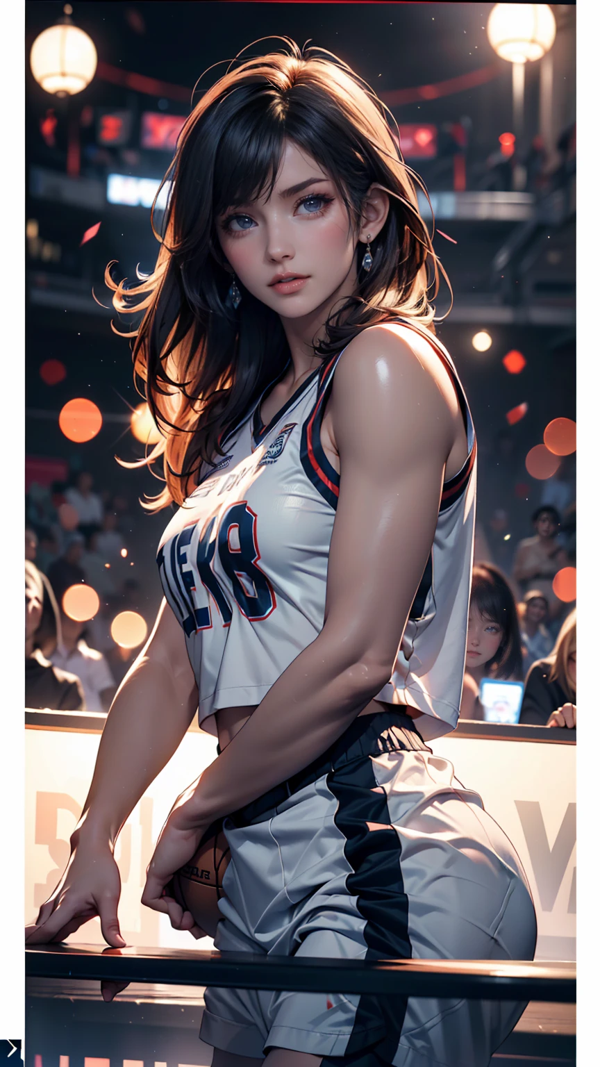 Masterpiece: 1.2, best quality), realistic, (real picture, rich details details, depth of field), (1girl, solo), makeup, cleft lip, high detail, perfect face shape, (big breasts: 1.4), (skindentation ), rough Thighs, Wide Hips, Slim Waist, Tall, Coral, Red Lips, Red Eyes, Ponytail (Girl Playing Basketball, Red Basketball Jersey), (Sweat: 1.2), (Wet), Sexy, Blushing,