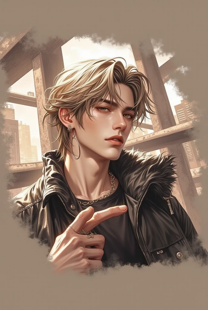 Blonde, blue-eyed boy, 16 years old、Short Hair、Spiky Hair、Earrings、necklace、Red shirtmNo sleeve、Leather jacket、Skull tattoo on arm、Light a cigarette、Oil painting style。