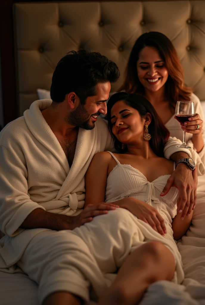 beautiful indian girl, laying on bed in nighty, a man is laying on her without shirt, second man is standing near bed with drinks