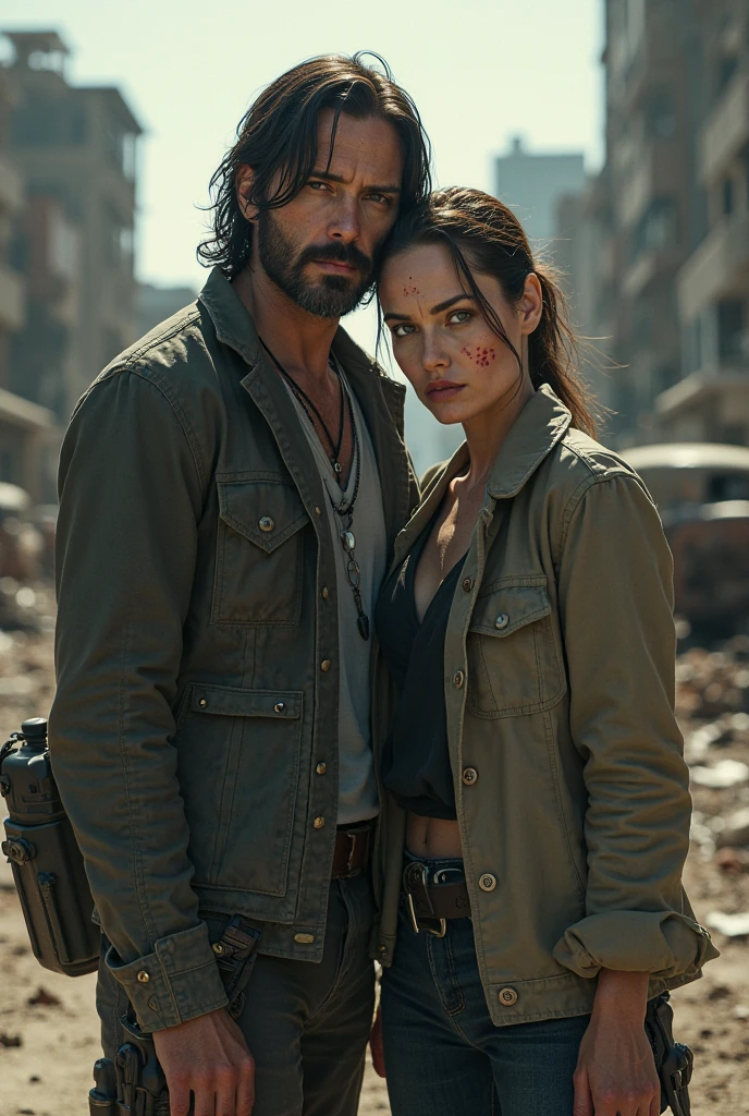 A stunning live-action, 32K, UHD, and vibrant portrait photograph of a woman and a rugged man in a post-apocalyptic cityscape. The woman, with clean and serene features, is leaning gracefully while the man, exuding confidence, stands watchfully. They are dressed in specialized military attire, adorned with equipment, giving off a Resident Evil vibe. The crumbling streets surround them, with buildings in disrepair, creating an immersive and detailed atmosphere. The photorealistic image captures the essence of a gritty, survival-based world., photo, portrait photography, vibrant