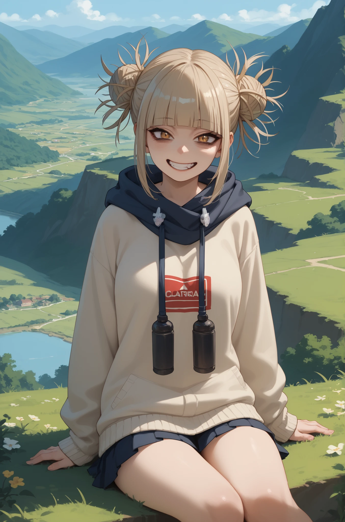 Himiko toga sitting looking at the landscape , smiling