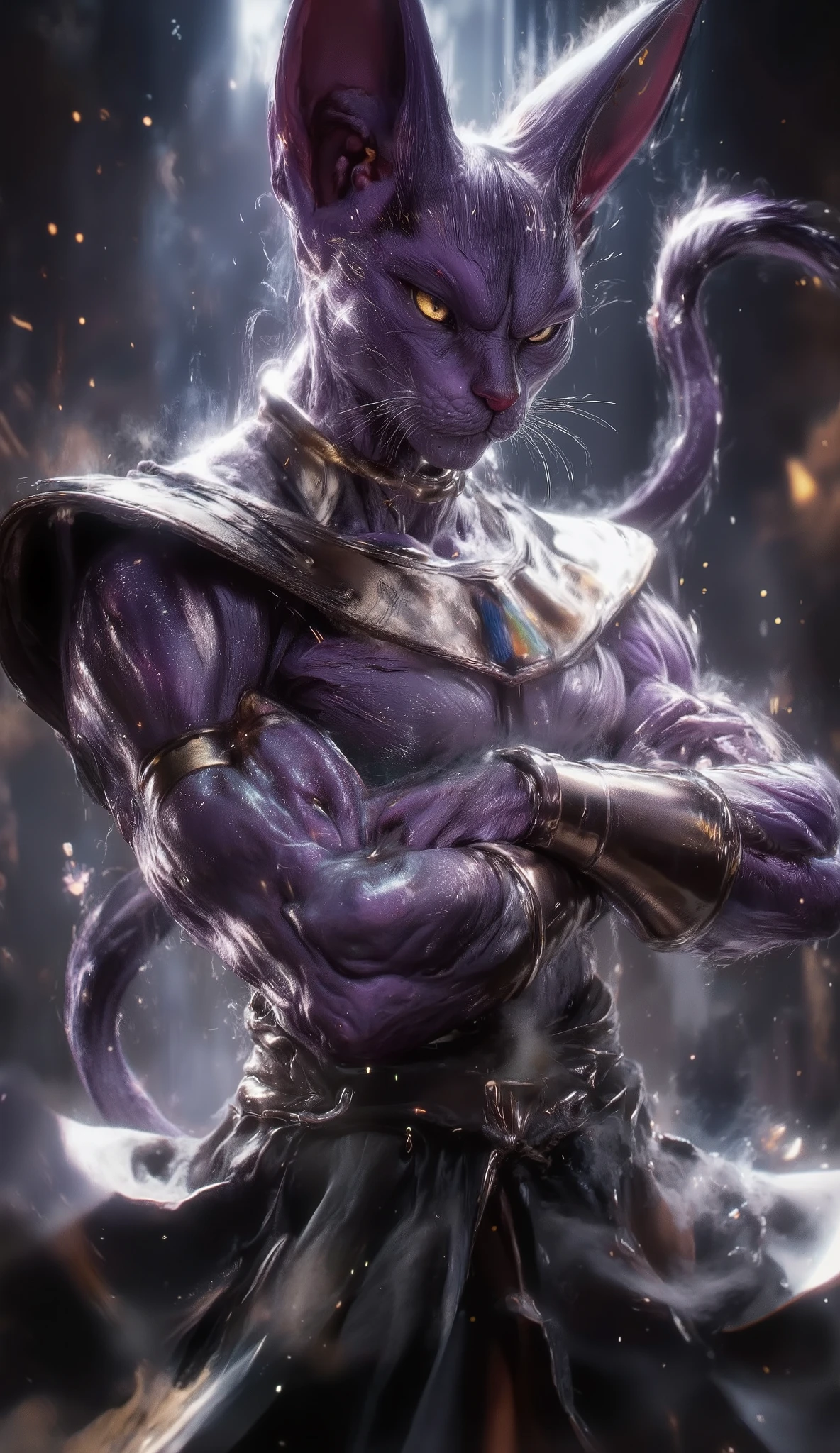 Beerus Walking** – His purple feline skin has fine fur details, and his Egyptian-style robe flows elegantly. His golden eyes glow faintly, and his tail flicks with irritation.
