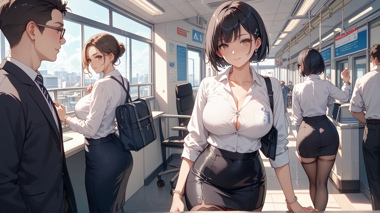 1lady standing, office worker, receptionist, (vest with white and gray checks:1.2) (navy pencil skirt) bowtie, mature female, /(black hair/) bangs, blush kind smile, (masterpiece best quality:1.2) delicate illustration ultra-detailed, large breasts BREAK (modern office indoors), window cityscape, detailed background,(((brown _pantyhose,))