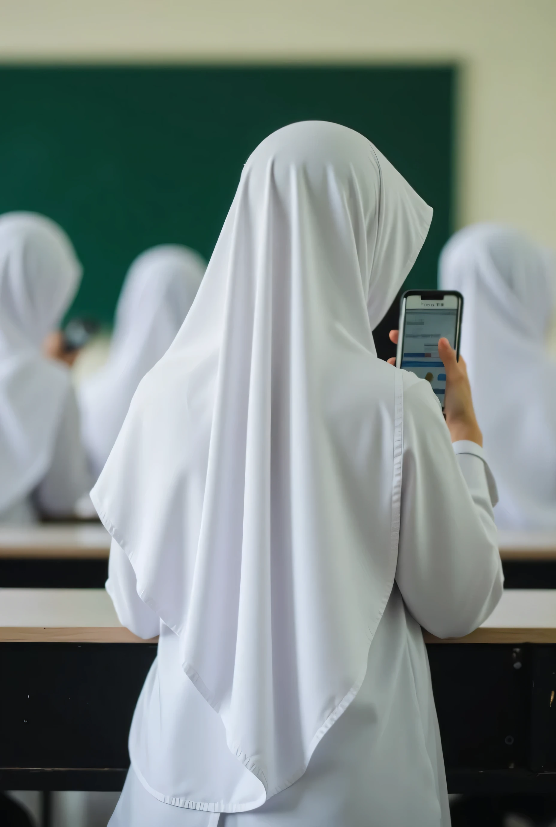 banner photo,Back angle,Malaysian schoolgirls,Wear an Islamic headscarf,The clothes are all white,Operate your phone with your head down,, no face,reality,The focus is on the phone,Classroom,blurry background