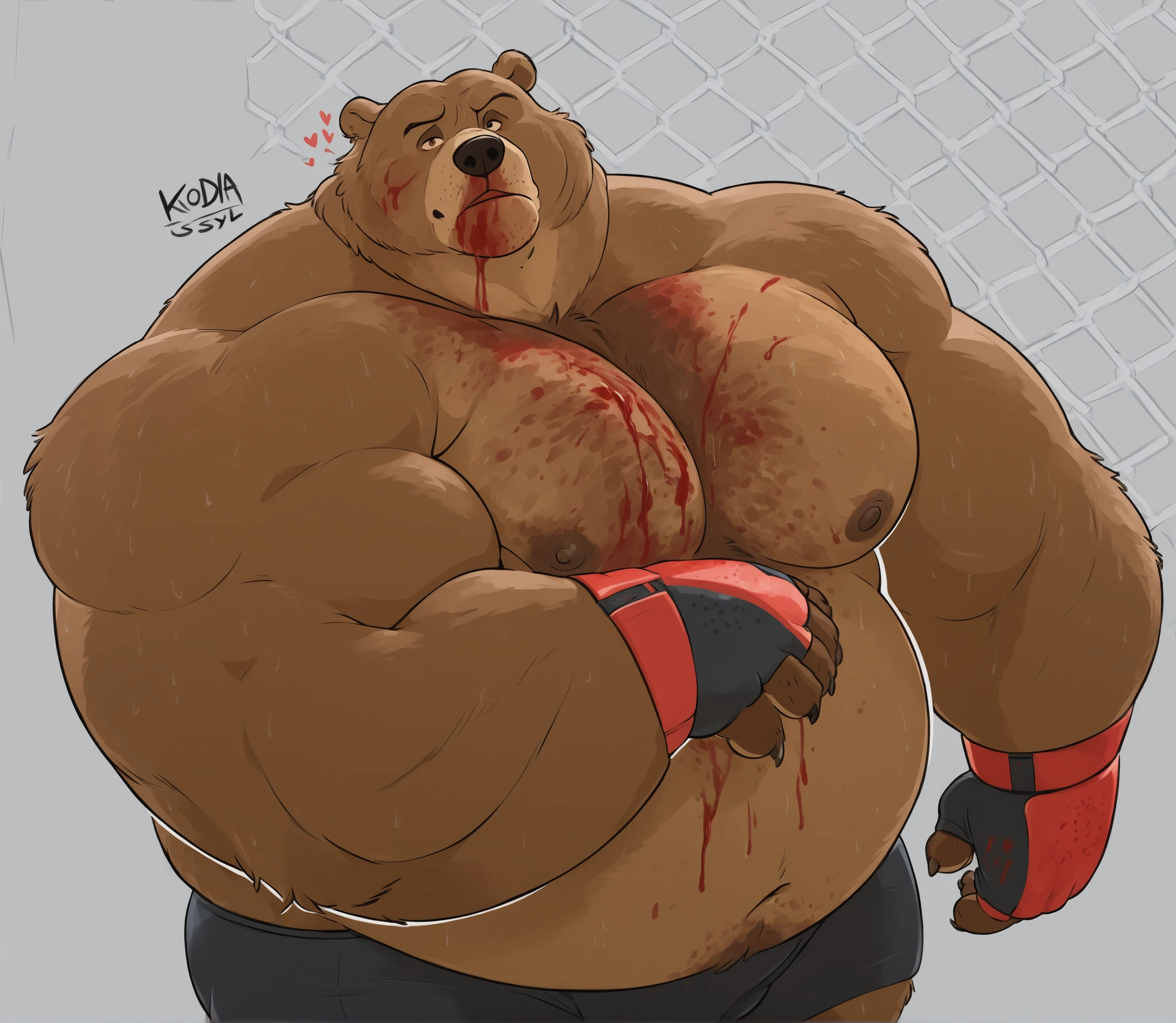 Solo, 1boy, Muscular Old, grunting, frustration glare, focus, looking back, wide shoulder, pectoral, thick arms, huge pectoral, wide pectoral, height: 220cm, weight: 440lbs, a Kodiak brown bear in an MMA shorts with red slits wearing an MMA gloves with red knuckle pads as he workouts in the gymnasium warehouse, covered in smudge of blood, Disney 2D Art Style,