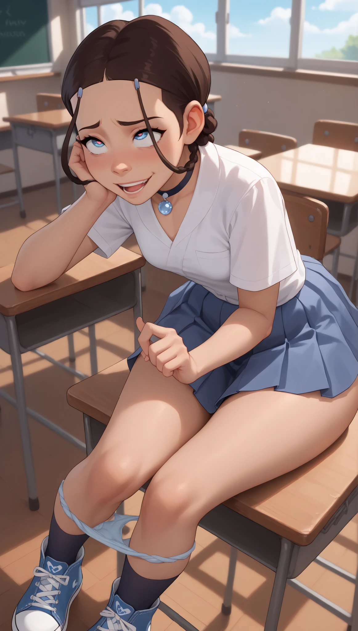 1girl, katara, brunette hair, blue eyes, nsfw rule34 comic strip style panels tell a story, braid, necklace, petite body, small breasts, flat chest, posing seductive, eyes rolling back, cute nervous expression like she knows what's about to happen, her panties down around ankles, begging, in a trance, playful, excited, red face, white converse sneakers white, pleasure, tight, hearts in eyes, flaunting big butt, natural pose waiting for you, lying down, huge oversized butt, bent over desk, school uniform, classroom, skirt, white converse shoes, clothed/unclothed, before and after