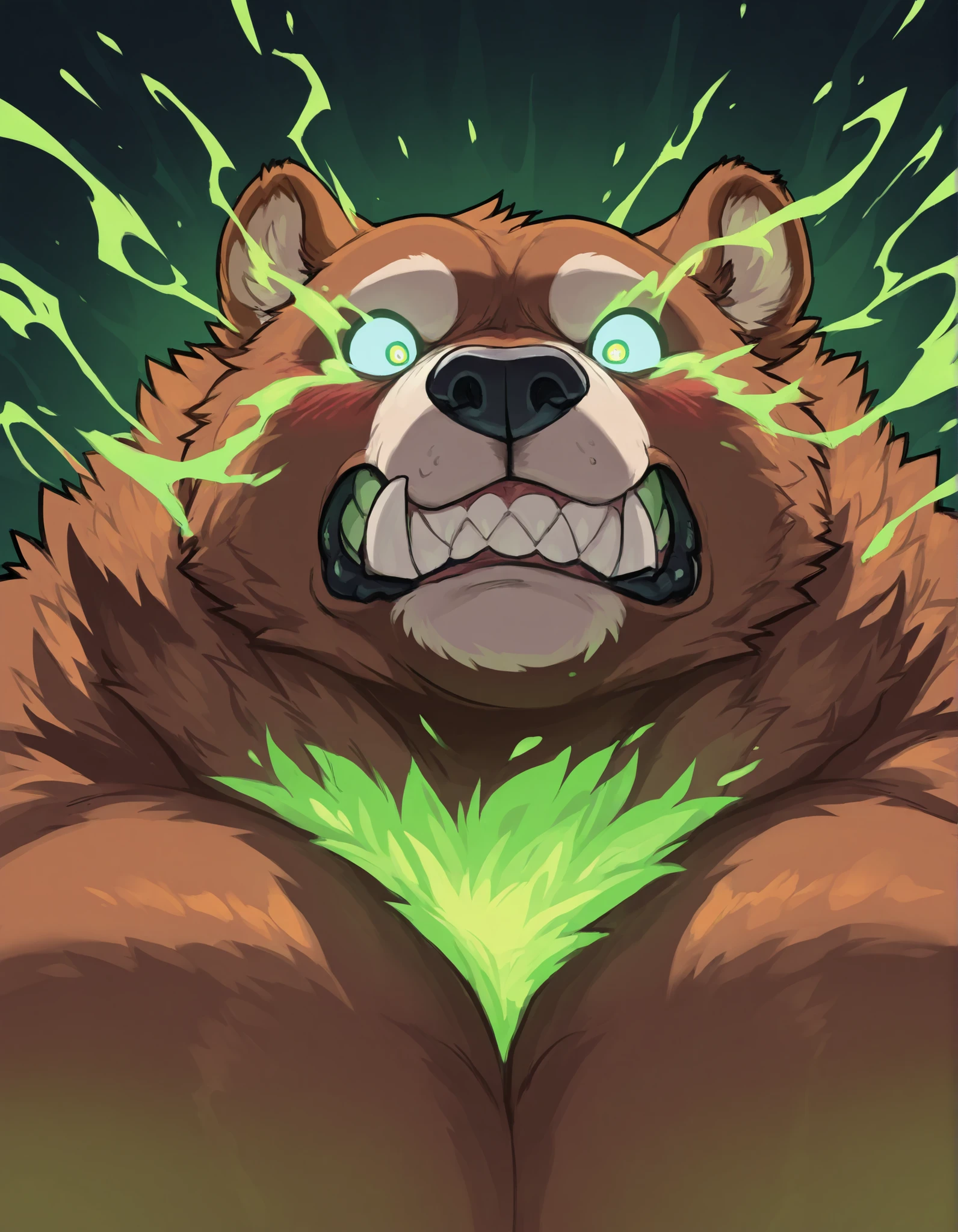 Black Portrait: Morbidly Obese Kodiak Bear; (obtuse muscular, feral, big fat; huge muscles, Voo-Doo eyes; brown fur, glowing green ominous essence); blushing; thrusting; closed Mouth; tired expression; surprised; skulls; monster obese Bear; detailed eyes; (sharp teeth); masterpiece; best quality; amazing quality;