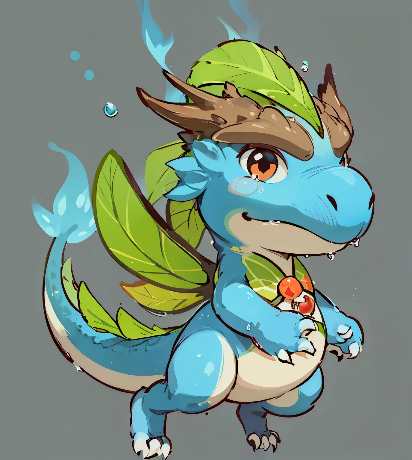 A cute Q version of the water dragon，Dangling，has leaf wings，Turquoise crown，has two lovely teardrop-like tentacles on its head，two front claws raised，The tail has a tail made up of small water balls