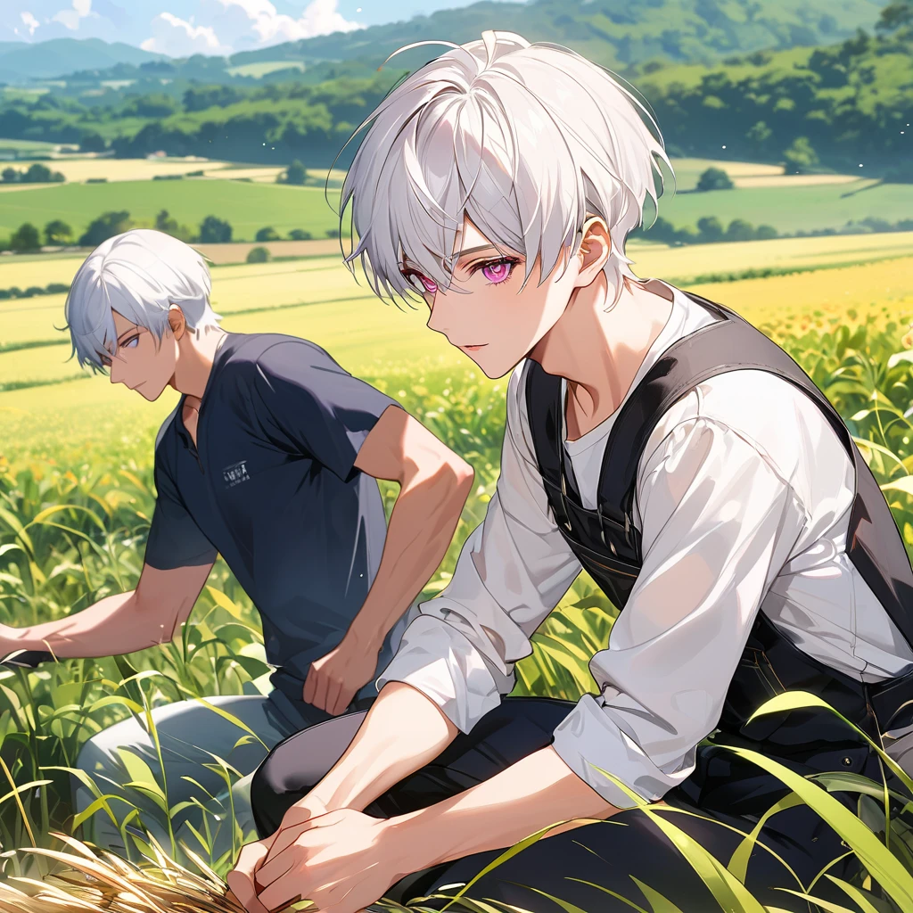 Excellent, masterpiece, white hair, golden eyes, hair, fair skin, man in garden park male bust mirror hand shower watering flowers watering two men
