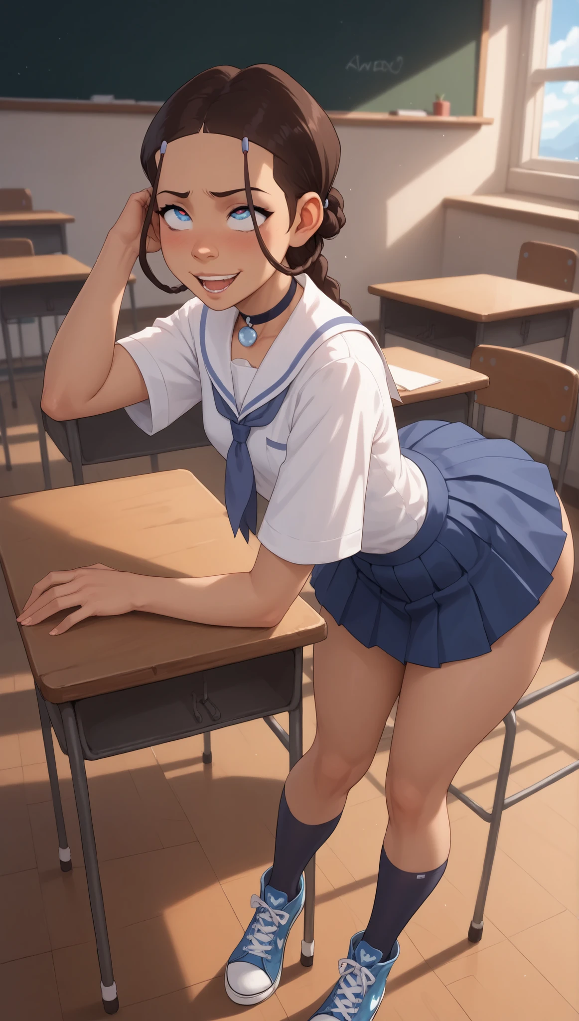 1girl, katara, brunette hair, blue eyes, nsfw rule34 comic strip style panels tell a story, braid, necklace, petite body, small breasts, flat chest, posing seductive, eyes rolling back, cute nervous expression like she knows what's about to happen, her panties down around ankles, begging, in a trance, playful, excited, red face, white converse sneakers white, pleasure, tight, hearts in eyes, flaunting big butt, natural pose waiting for you, lying down, huge oversized butt, bent over desk, school uniform, classroom, skirt, white converse shoes, clothed/unclothed, before and after
