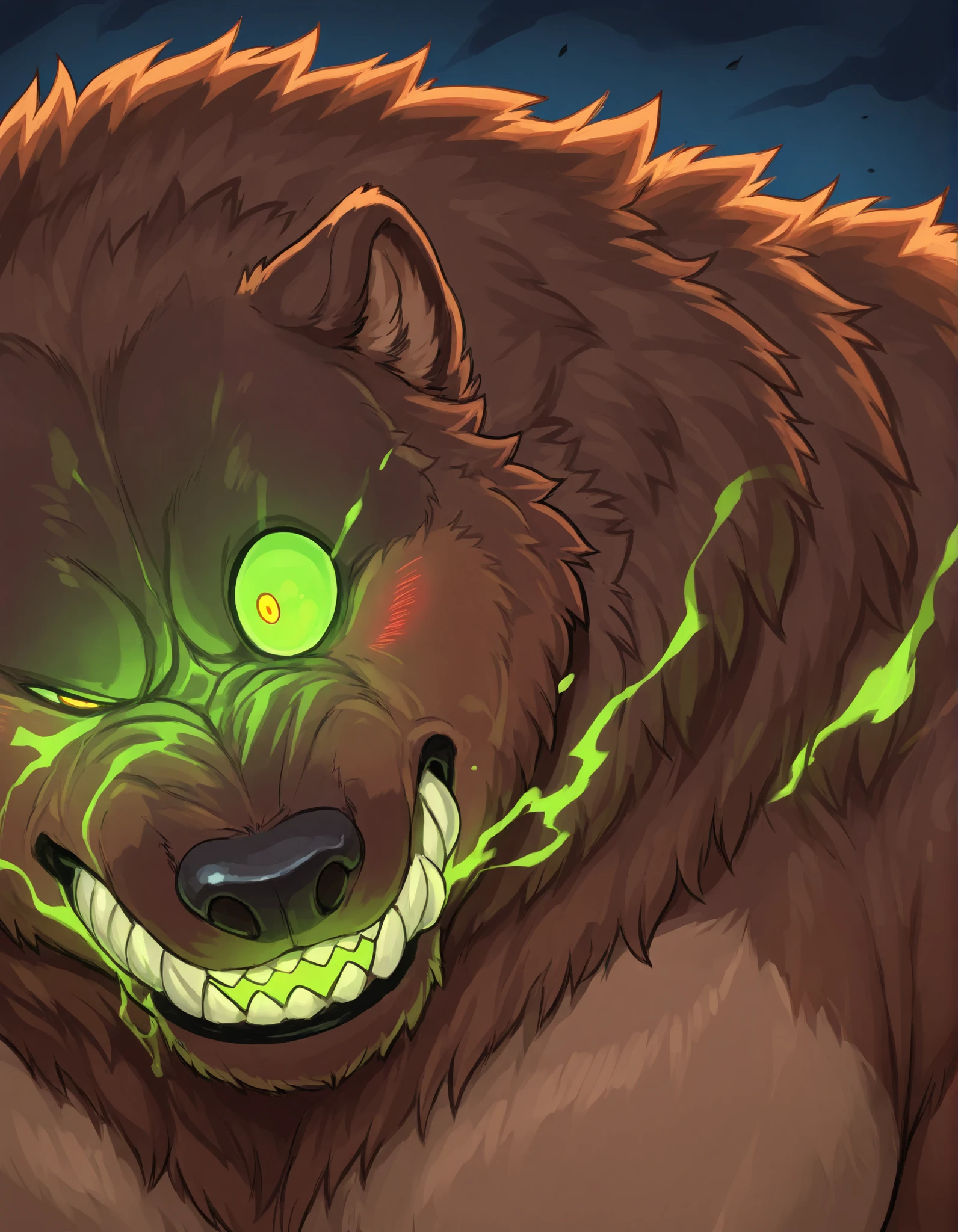 Black Portrait: Morbidly Obese Kodiak Bear; (obtuse muscular, feral, big fat; huge muscles, Voo-Doo eyes; brown fur, glowing green ominous essence); blushing; thrusting; closed Mouth; tired expression; surprised; skulls; monster obese Bear; detailed eyes; (sharp teeth); masterpiece; best quality; amazing quality;
