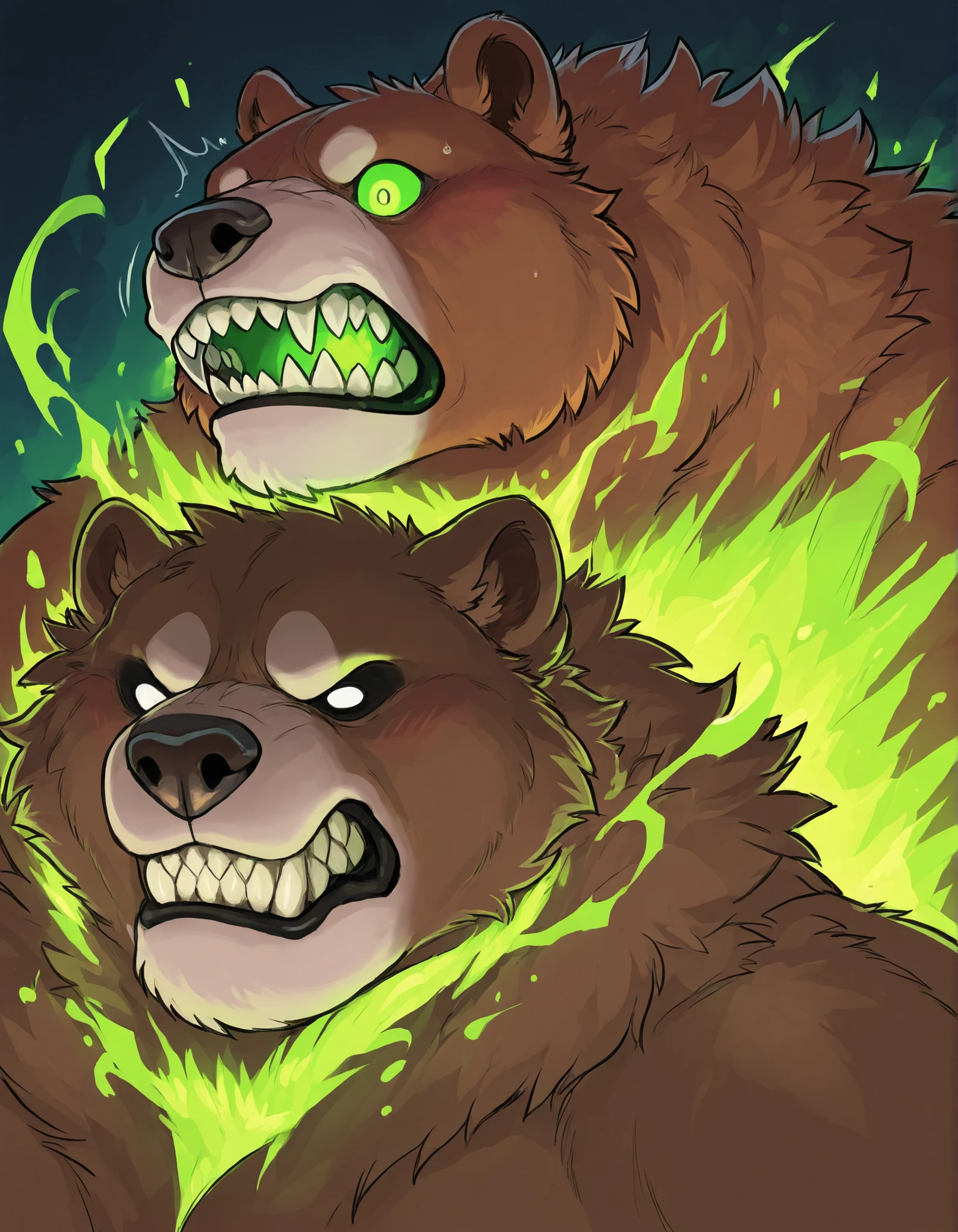 Black Portrait: Morbidly Obese Kodiak Bear; (obtuse muscular, feral, big fat; huge muscles, Voo-Doo eyes; brown fur, glowing green ominous essence); blushing; thrusting; closed Mouth; tired expression; surprised; skulls; monster obese Bear; detailed eyes; (sharp teeth); masterpiece; best quality; amazing quality;
