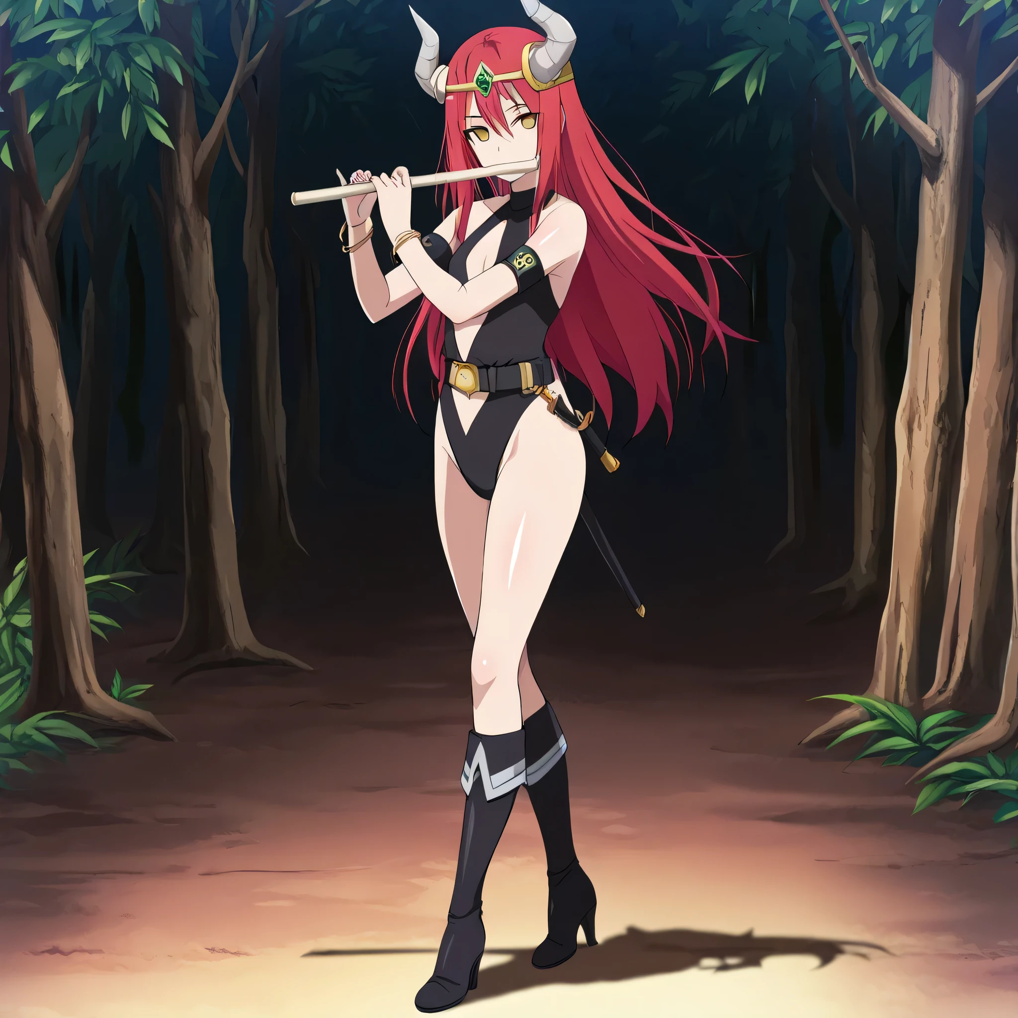(((Masterpiece))), (((Best Quality))), ((Super Detail)), ultra-High resolution, score_9,score_8_up,score_7_up,score_6_up,score_5_up,score_4_up, BREAK, source_anime, anime screencap, uncensored, rating_explicit, Masterpiece, (best shadow), (absurdres), (detailed background), (very aesthetic), shiny, detailed beautiful eyes, outstanding, countershading, detailed soft lighting, an exquisite animation illustration, curvy, dark persona, empty eyes, expressionless, blank eyes, looking at viewer, full body, emotionless, Fighting Stance, horizontal pupils, (((black leotard, clothing cutout))), high heel boots, knee boots, circlet, armlet, bracelet, belt, halterneck, (((solo, 1girl))), hair ornament, seductive pose, submissive pose, small breast, tayuya, red hair, long hair, yellow eyes, dark skin, horn, forest background, mist background, playing flute, standing