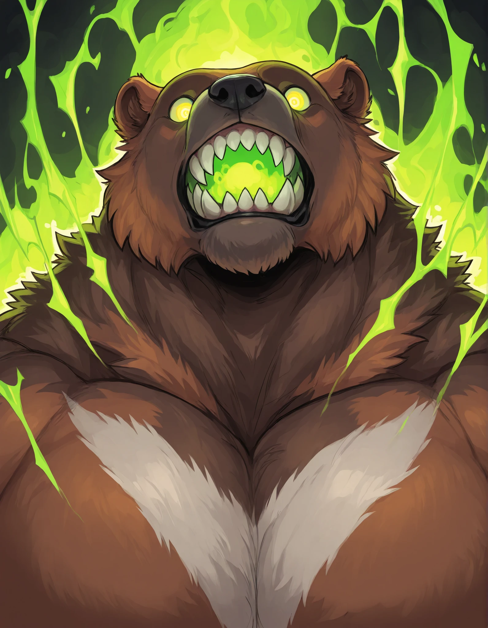 Black Portrait: Morbidly Obese Kodiak Bear; (obtuse muscular, feral, big fat; huge muscles, Voo-Doo eyes; brown fur, glowing green ominous essence); blushing; thrusting; closed Mouth; tired expression; surprised; skulls; monster obese Bear; detailed eyes; (sharp teeth); masterpiece; best quality; amazing quality;