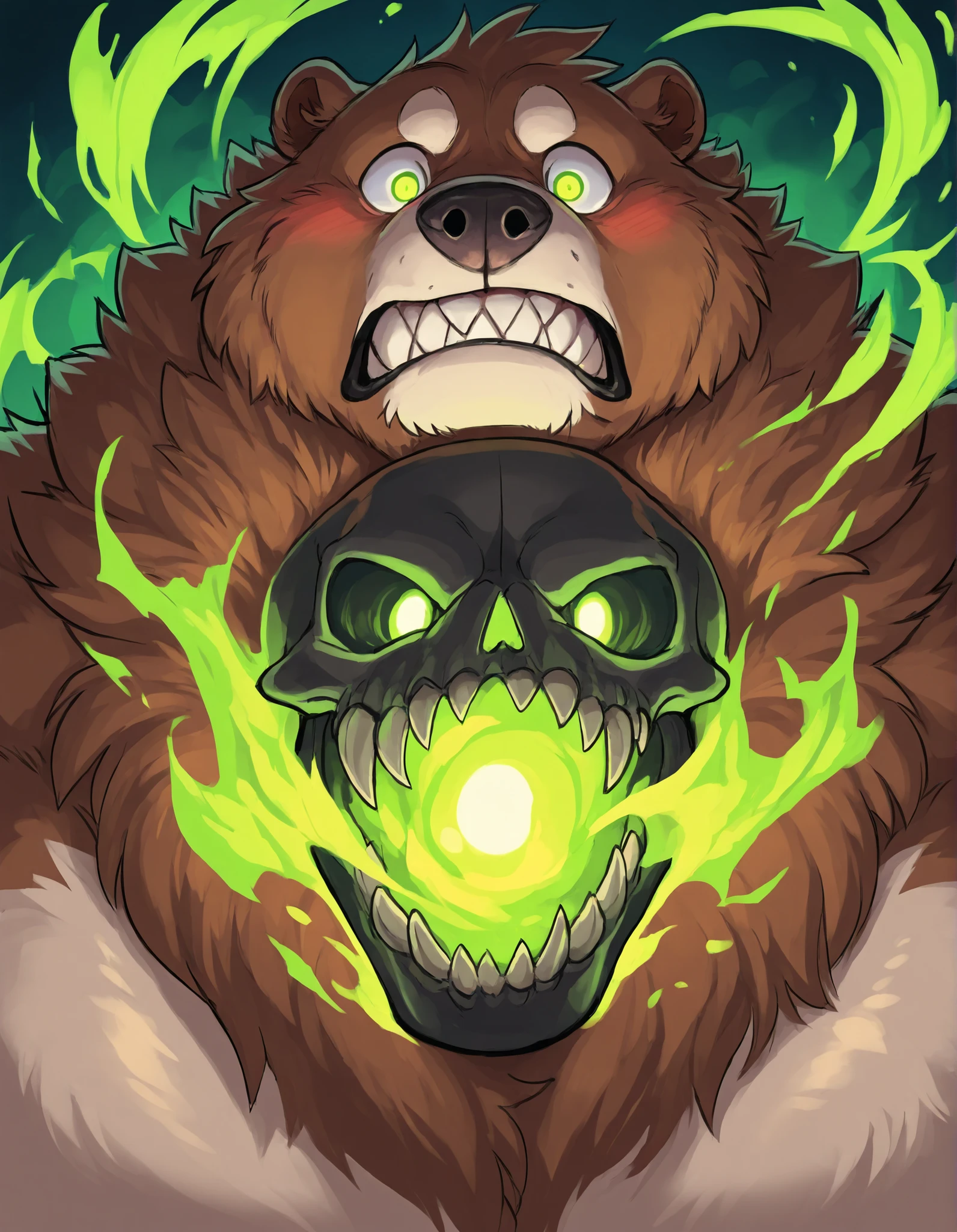 Black Portrait: Morbidly Obese Kodiak Bear; (obtuse muscular, feral, big fat; huge muscles, Voo-Doo eyes; brown fur, glowing green ominous essence); blushing; thrusting; closed Mouth; tired expression; surprised; skulls; monster obese Bear; detailed eyes; (sharp teeth); masterpiece; best quality; amazing quality;