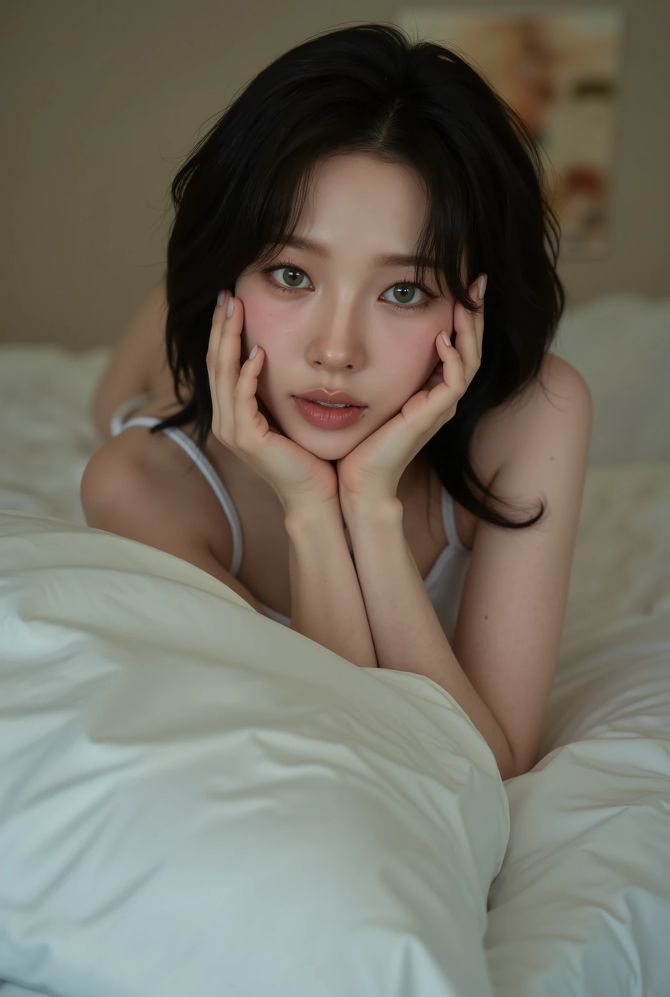 (nsfw:1.4), High resolution, RAWphotographgraphy, Highest quality, (Ultra-detailed, photorealistic, best quality, 4k,8k, highres, masterpiece:1.3), (photorealism:1.2), Cinematic, Color Grading, professional Photography, Depth of Field, hyper-detailed, beautifully color-coded, insane details, intricate details, beautifully color graded, full body shot, epic scene composition, front view, intricate details, warm colors, beautiful japanese woman, age 18, realistic skin texture, lying on bed white sheets, micro high-cut white bikini, cameltoe, indoors, professional lighting, bedroom in the background, just climaxed, post orgasminc pose, realistic, hands over her head while gripping the pillow, legs spread, collar, waist long black hair, straight hairstyle, hair spread on the pillow, legs wide open, spread legs, delicate face skin, freckles, short height, wide open eyes, detailed eyes, beautiful detailed bright green and blue eyes, thick thighs, sweaty, while biting her lips, sweaty, textured skin, red cheeks, eyes wide open, astonisehd expression, orgasm afterglow, huge breasts, sagging breasts, arched back, pelvis pushed up