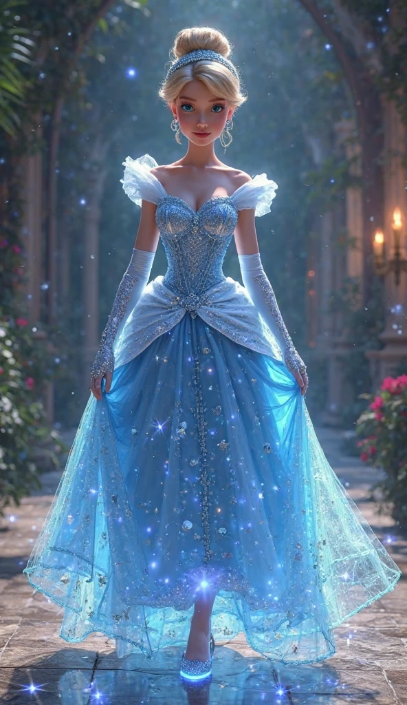 (best quality,4k,8k,highres,masterpiece:1.2), ultra-detailed, (realistic,photorealistic,photo-realistic:1.37), Cinderella's magical transformation from rags to a beautiful gown, vibrant colors, enchanting lighting, mesmerizing visual effects, intricate stitching details, exquisite beadwork, shimmering fabric, flowing skirt, elegant silhouette, stunning ballroom setting, magical aura, graceful movements, breathtaking elegance, fairy godmother's wand, sparkles and glitter, ethereal atmosphere, dreamlike ambiance, cinematic flair, (full body:1.5)